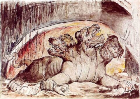 Cerberus-Blake.William Blake – Pen, ink and watercolour over pencil and black chalk (NGV 6) – National Gallery of Victoria, Felton Bequest, 1920 – Credit line: user: Raul654 – Source/Photographer: [1] from [2]