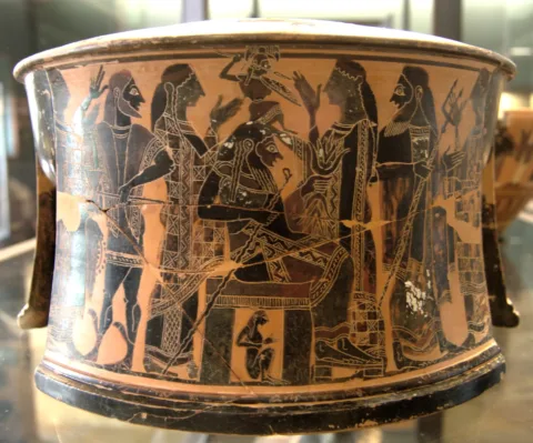 Attic black-figure tripod showing the birth of Athena from the head of Zeus. Attributed to the C Painter, ca. 570–560 BCE. Found in Thebes. Louvre Museum, Paris. Photo: Bibi Saint-Pol / Wikimedia Commons. Public Domain.