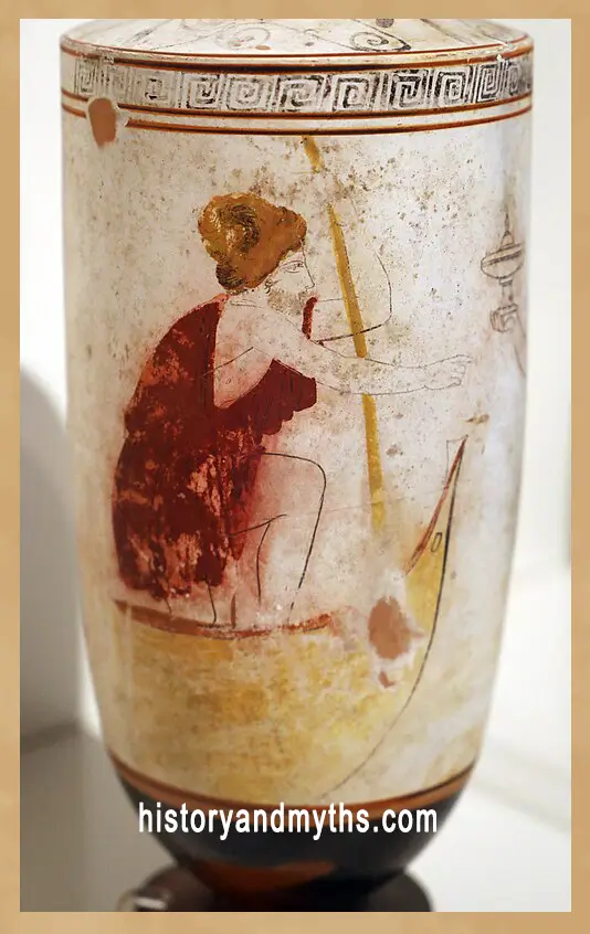 Charon ferrying a woman across the waters of the Underworld on an Attic white-ground lekythos, c. 440–430 BC
