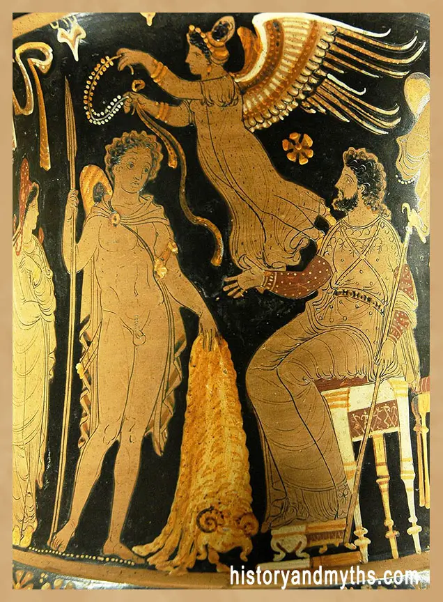 Jason bringing the Golden Fleece to Pelias, with Nike preparing to crown him, detail from an Apulian red-figure calyx krater attributed to the Underworld Painter, c. 340–330 BC