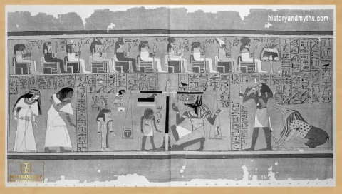 Anubis supervising the weighing of the heart, with Thoth recording the result