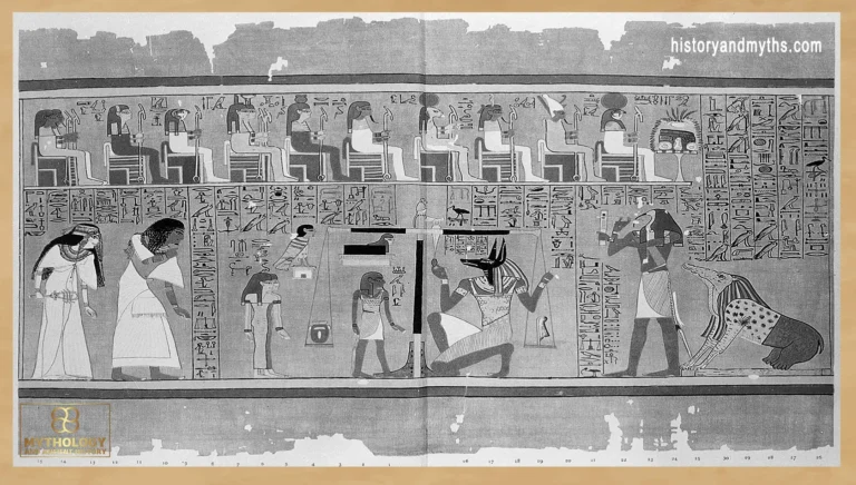 Anubis supervising the weighing of the heart, with Thoth recording the result