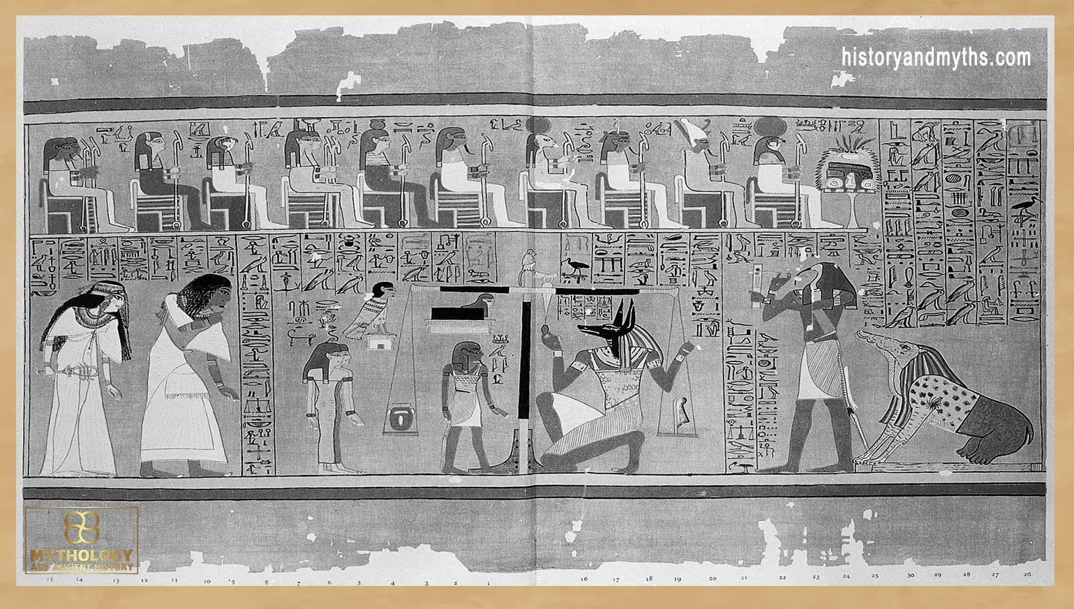 Anubis supervising the weighing of the heart, with Thoth recording the result