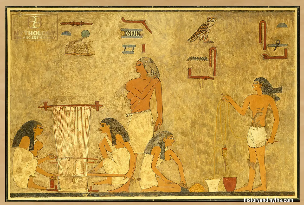 Weavers from the Tomb of Khnumhotep, Middle Kingdom — depicting textile production as a core element of women’s economic roles in everyday Egyptian life.