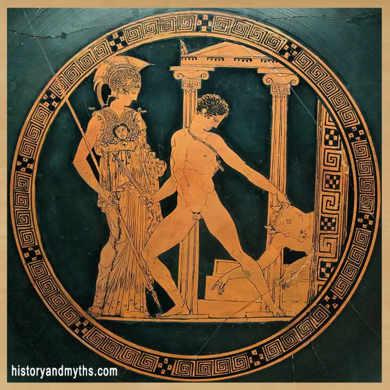 Theseus defeating the Minotaur in the presence of Athena, tondo of the Aison Cup, c. 430 BCE