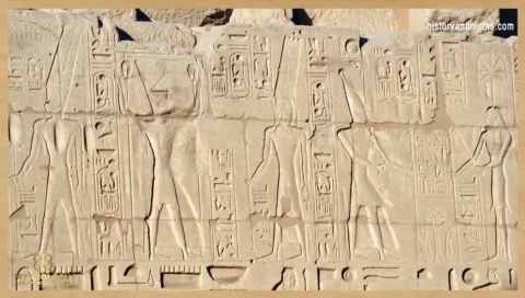 Amun-Ra, Ramses II and Anhur, Ramses II and Seshat. Karnak Temple