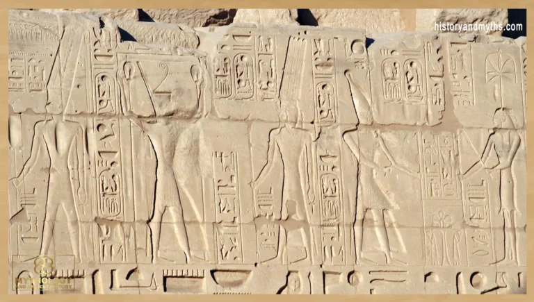 Amun-Ra, Ramses II and Anhur, Ramses II and Seshat. Karnak Temple