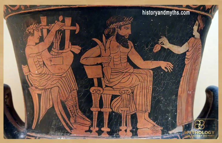 Olympian assembly with Apollo, Zeus holding the thunderbolt, and Hera on an Etruscan red-figure calyx-krater, c. 420–400 BC