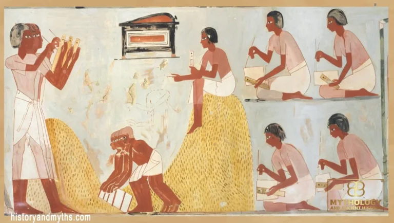 Scribes standing in the field recording harvested grain during the harvest season, illustrating administrative assessment and tax collection practices in ancient Egypt.