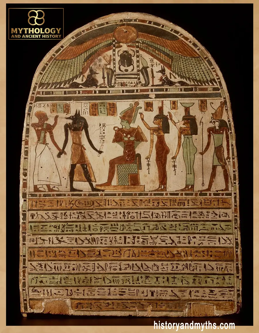 Painted Ptolemaic wooden stele showing Nephthys behind Isis and Osiris as Anubis leads Pasheryenpakhem, Rijksmuseum van Oudheden.