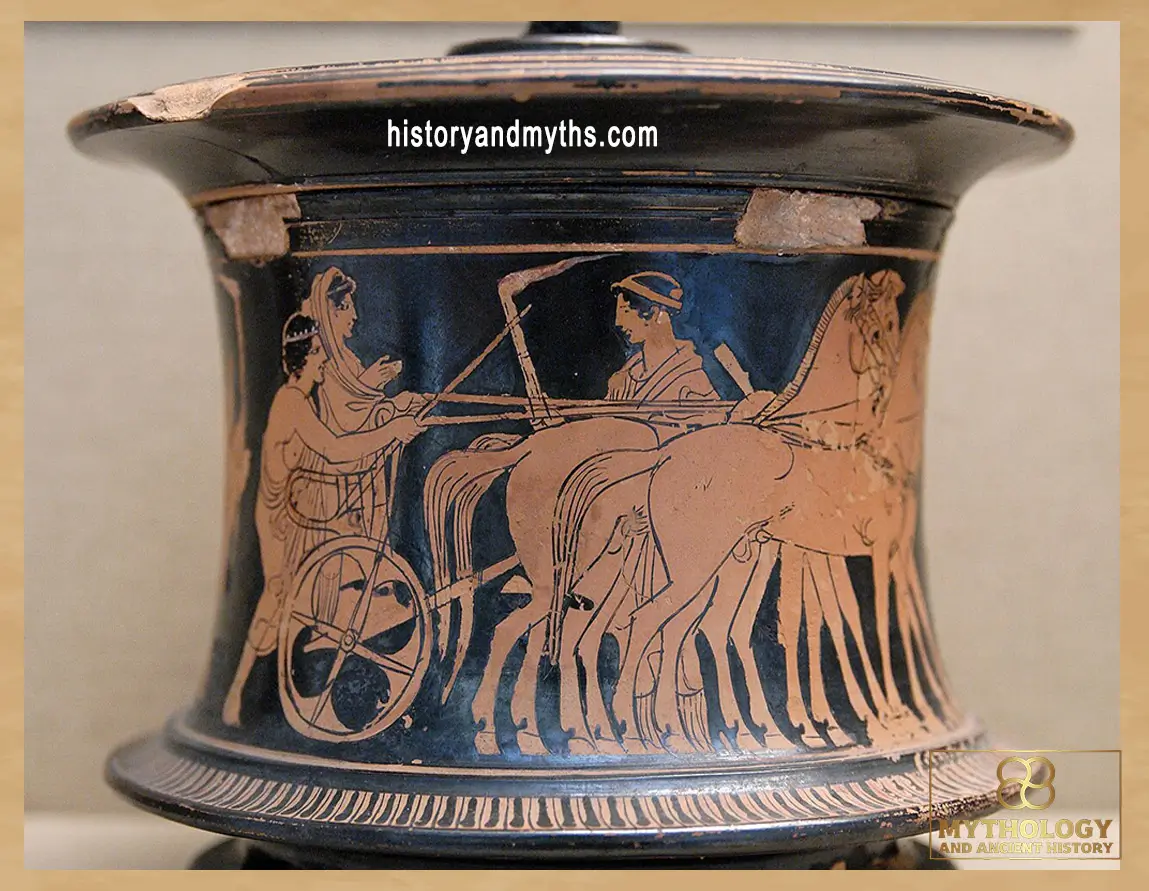 Wedding procession showing the bride being transported by chariot from her parents’ home to her husband’s household, detail from an Attic red-figure pyxis attributed to the Marlay Painter (c. 440–430 BC)