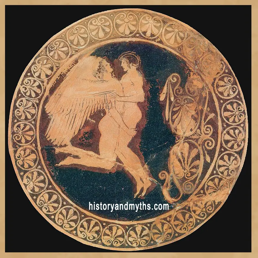 Attic red-figure kylix depicting Zephyrus and Hyacinthus, c. 490–485 BC
