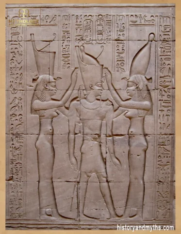 Pharaoh Ptolemy VIII between the goddesses Wadjet (Lower Egypt) and Nekhbet (Upper Egypt), wall relief from the Temple of Edfu
