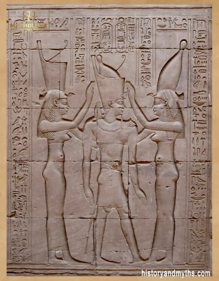 Pharaoh Ptolemy VIII between the goddesses Wadjet (Lower Egypt) and Nekhbet (Upper Egypt), wall relief from the Temple of Edfu