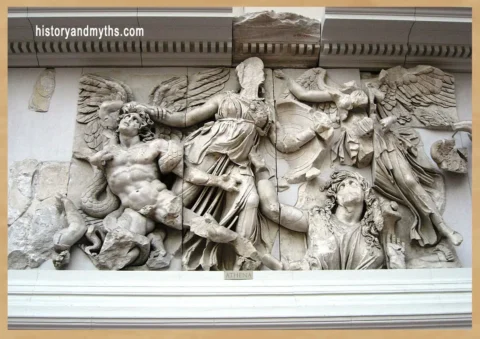 Detail from the Gigantomachy frieze of the Pergamon Altar showing Gaia pleading with Athena during the cosmic struggle between Olympian gods and giant forces