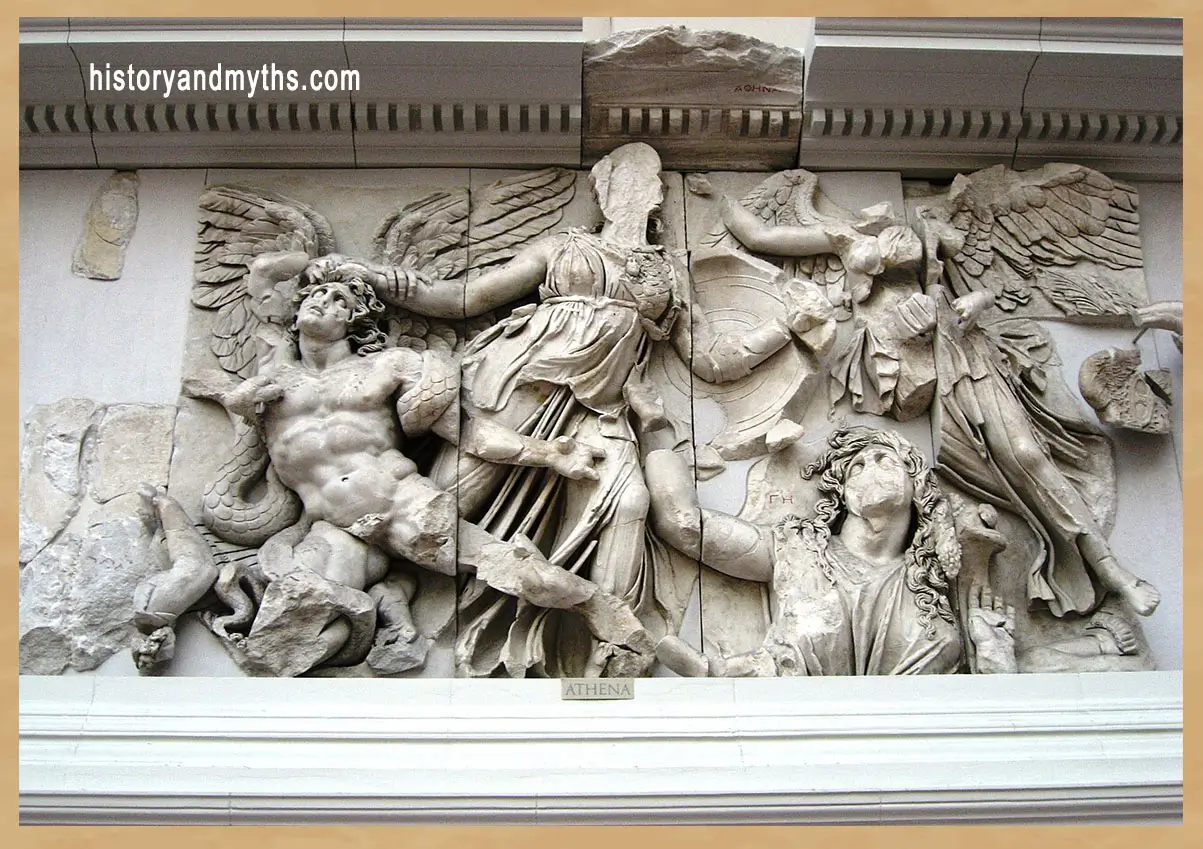 Detail from the Gigantomachy frieze of the Pergamon Altar showing Gaia pleading with Athena during the cosmic struggle between Olympian gods and giant forces