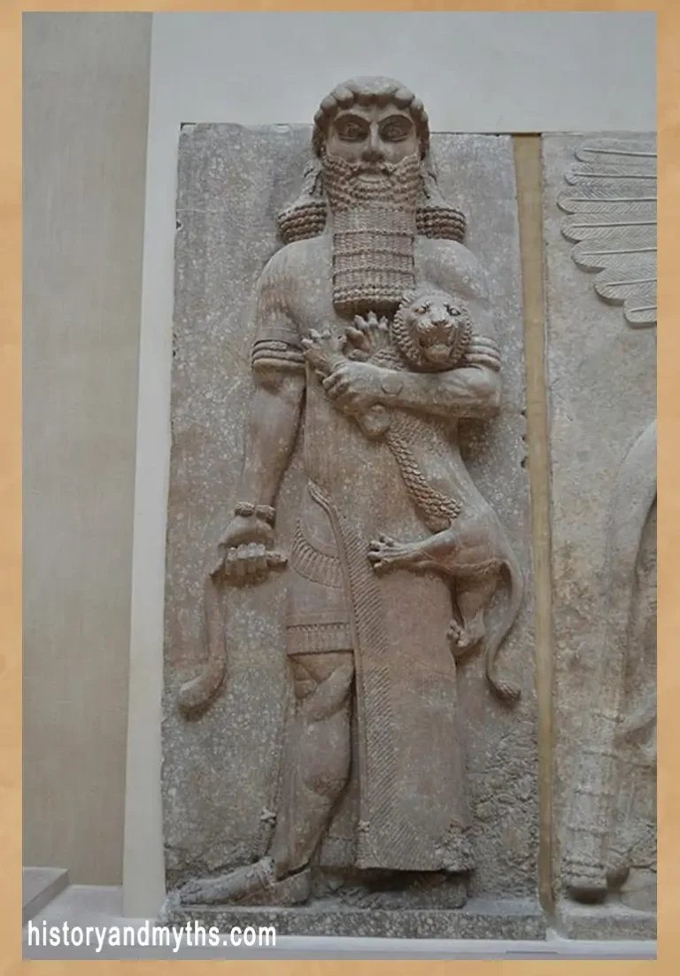 Assyrian relief depicting a heroic figure, commonly identified as Gilgamesh, mastering a lion (AO 19862)