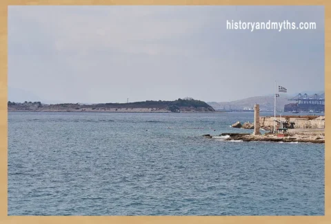 View of the ancient harbor entrance of Cantharus in Piraeus with the alleged Tomb of Themistocles in the foreground