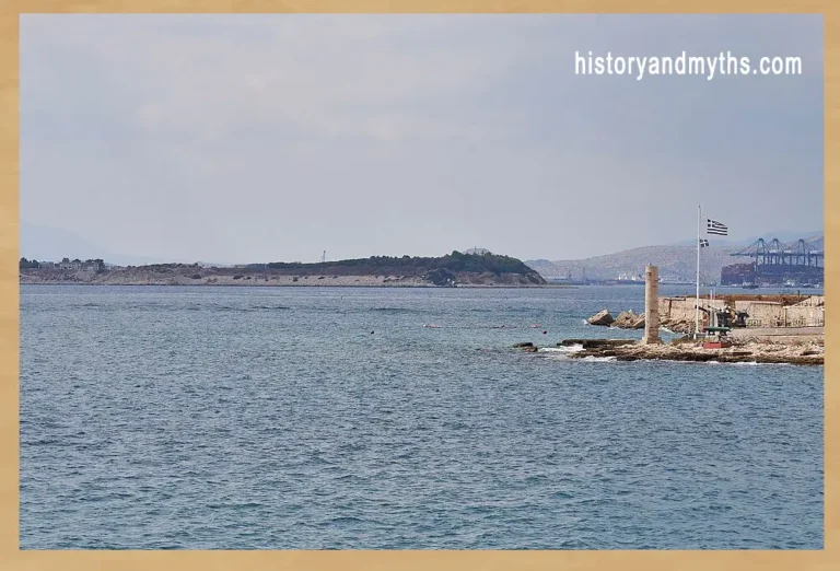 View of the ancient harbor entrance of Cantharus in Piraeus with the alleged Tomb of Themistocles in the foreground