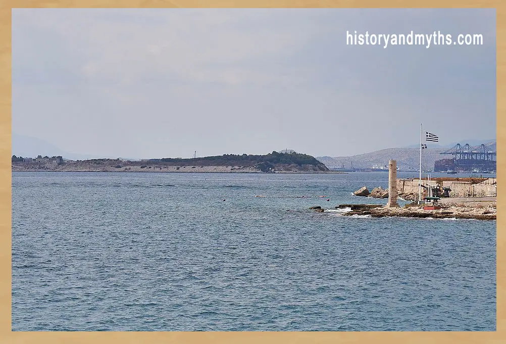 View of the ancient harbor entrance of Cantharus in Piraeus with the alleged Tomb of Themistocles in the foreground
