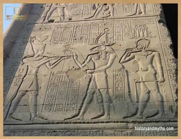 Relief from the Temple of Esna depicting the god Heka wearing his crown beside the creator god Khnum