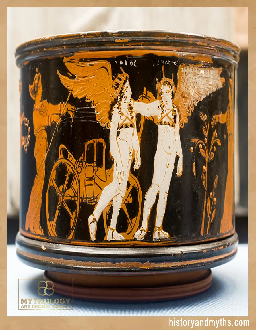 Attic red-figure pyxis attributed to the Meidias Painter, showing Aphrodite with Erotes Pothos and Hedylogos pulling her chariot, British Museum E775.