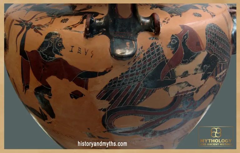 Zeus battles Typhon, the greatest threat to Olympian rule, on an Attic black-figure hydria from the 6th century BCE.