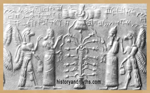 Anu above in his sky-disc , Enlil, and Enki below with Tree of Life