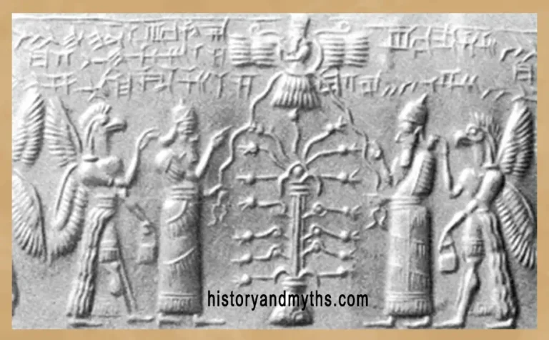 Anu above in his sky-disc , Enlil, and Enki below with Tree of Life