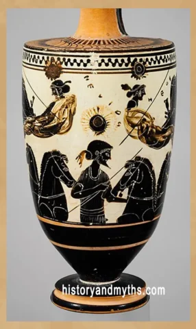 Helios, Nyx, and Eos on a Greek lekythos illustrating the symbolic transition from darkness to light in Greek mythology.