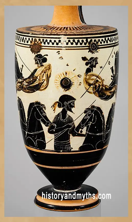 Helios, Nyx, and Eos on a Greek lekythos illustrating the symbolic transition from darkness to light in Greek mythology.