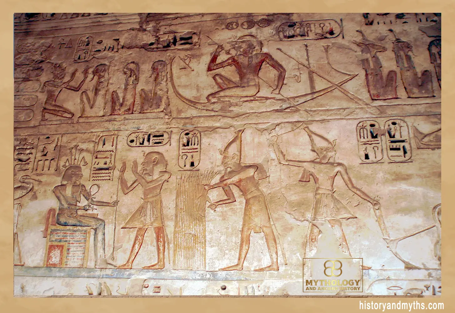Relief showing the god Hapi seated on a throne while a worshipper offers devotion before him;