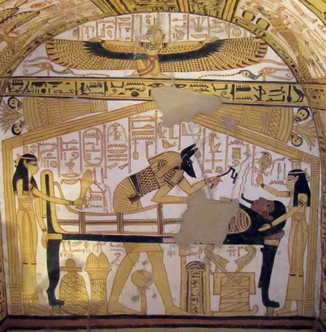 Isis, left, and Nephthys stand by as Anubis embalms the deceased, thirteenth century BCE. A