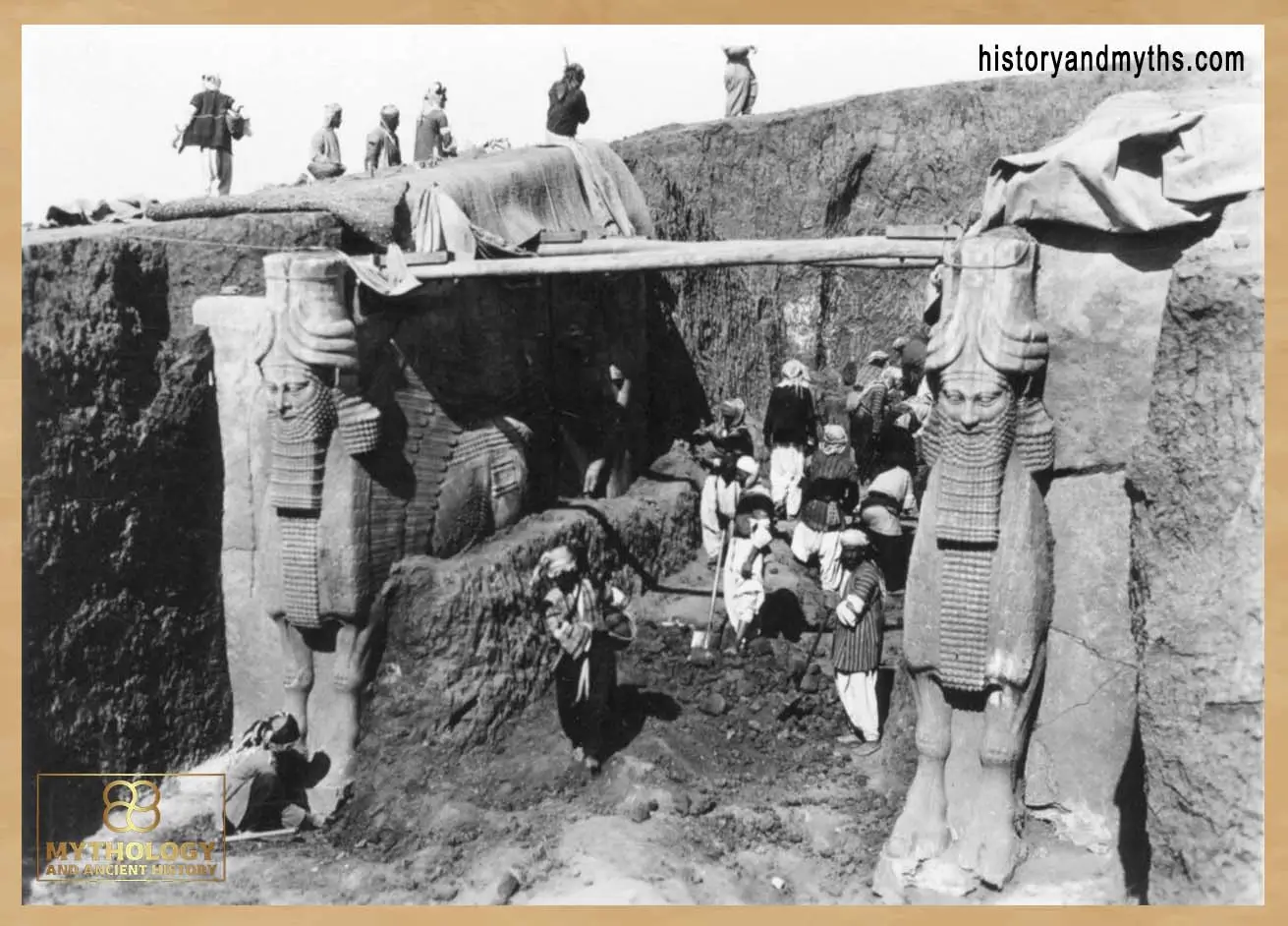 Excavation of the Lamassu at Sargon II’s palace gate in Khorsabad showing early archaeological work