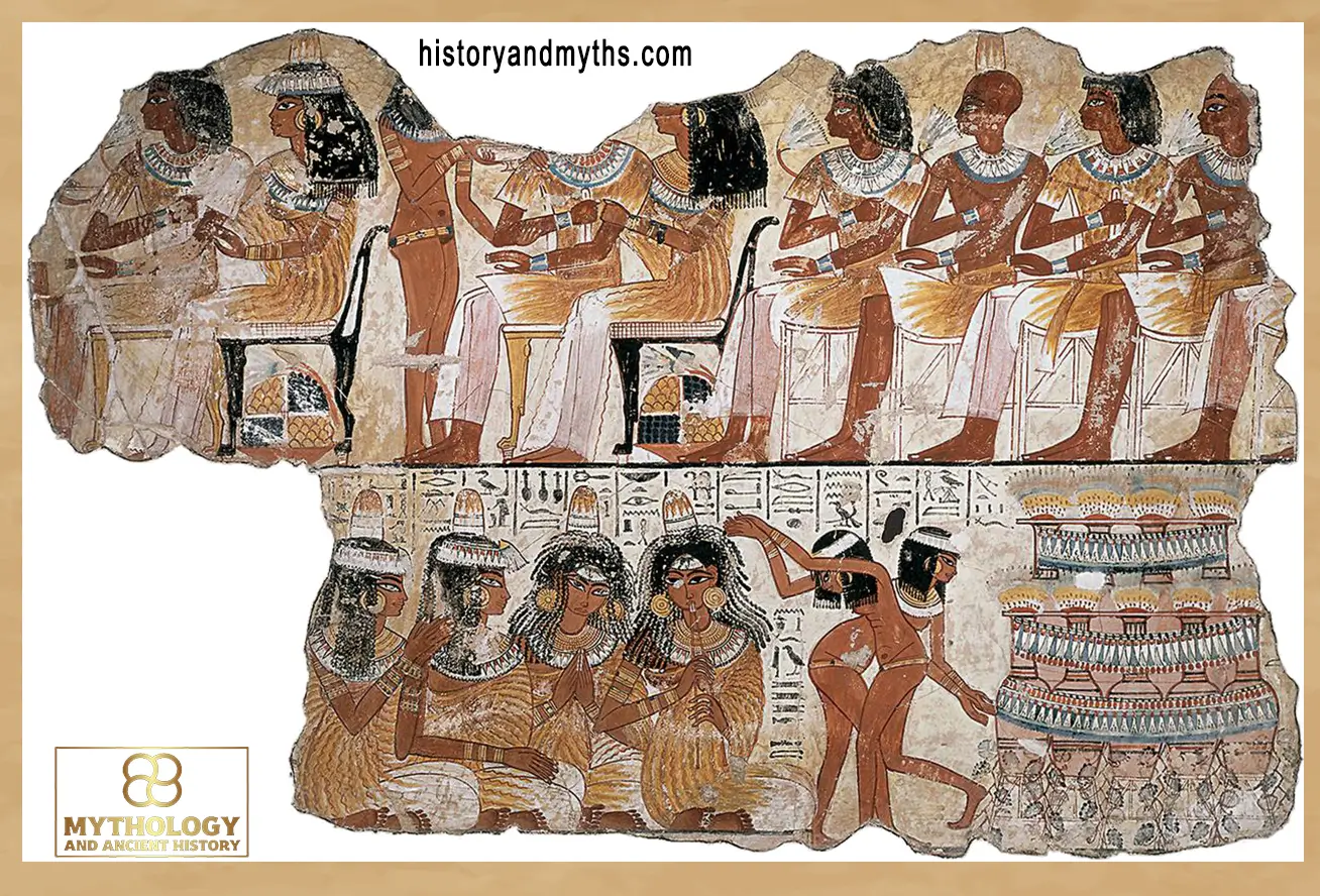This fragment from Nebamun’s tomb chapel shows a funerary banquet scene with seated guests