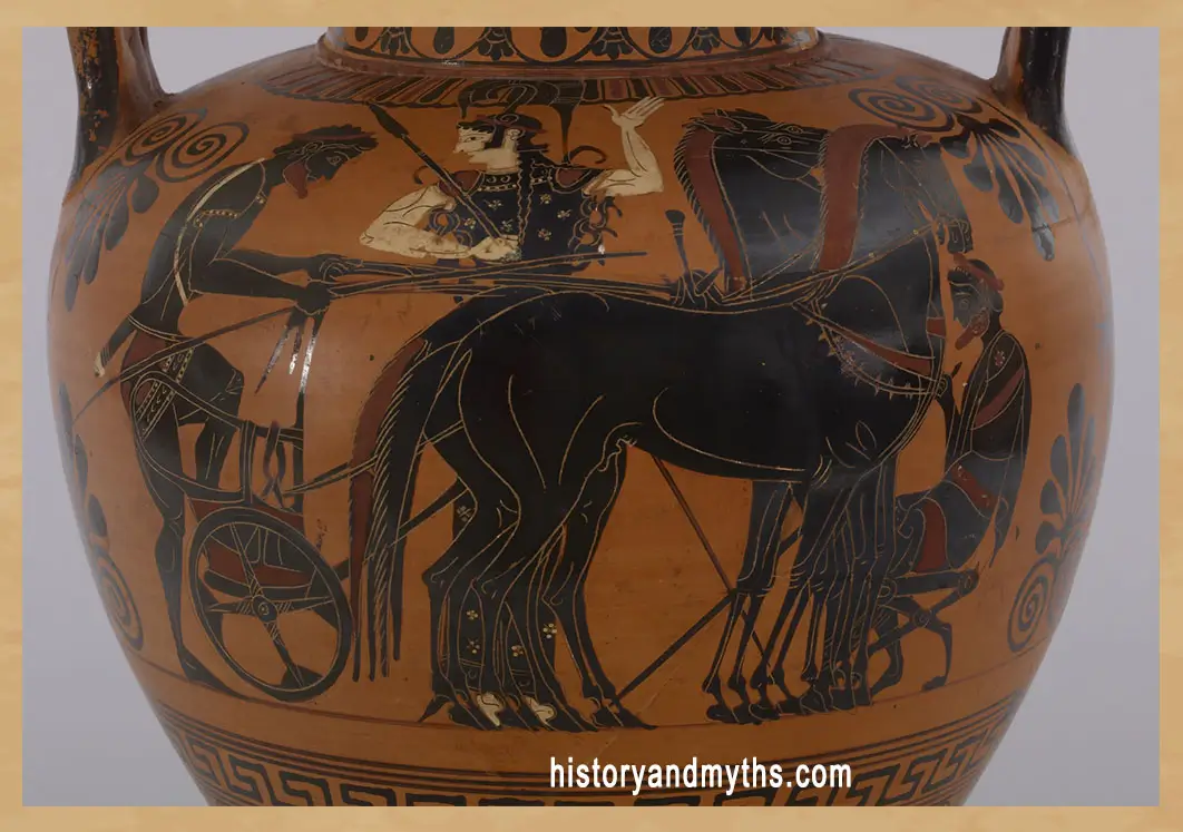 Greek black-figure amphora with departure scene depicting a warrior preparing for military service, Attica, c. 530–520 BC