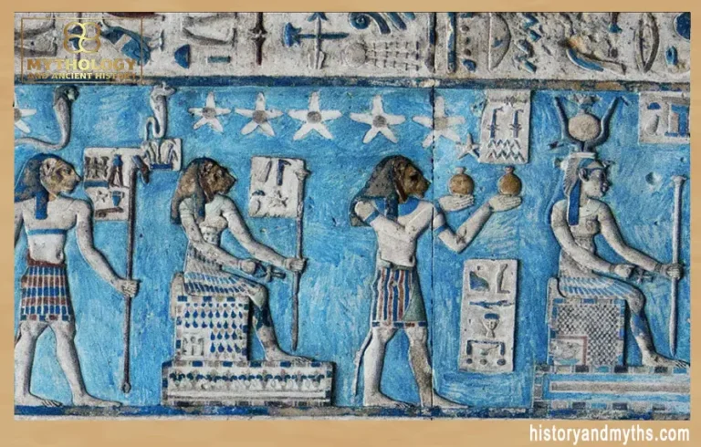 Shezmu, with his oils, travels in Ra’s entourage through the night sky. Detail of the ceiling of the Temple of Hathor at Dendera