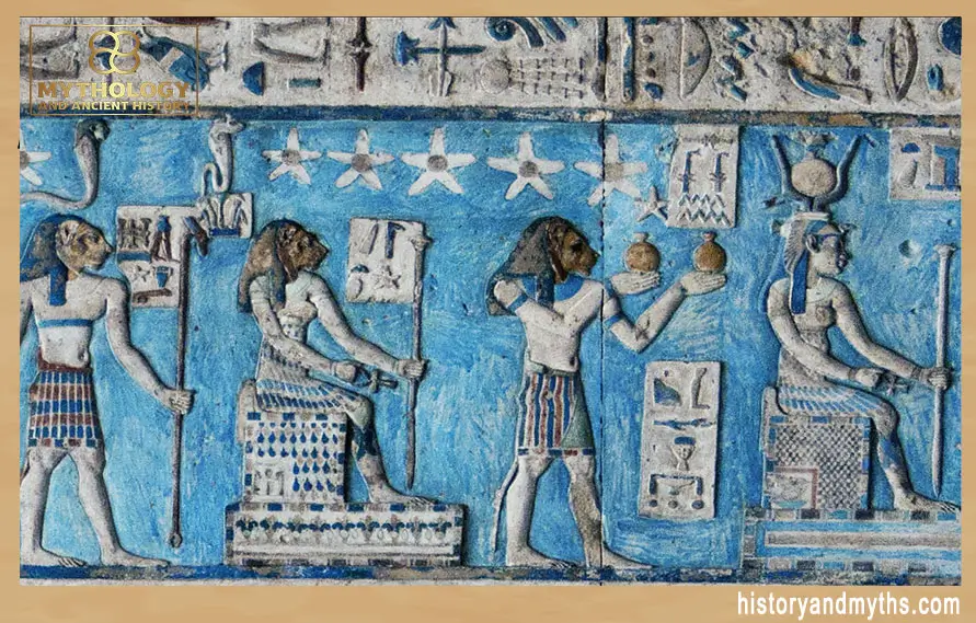 Shezmu, with his oils, travels in Ra’s entourage through the night sky. Detail of the ceiling of the Temple of Hathor at Dendera