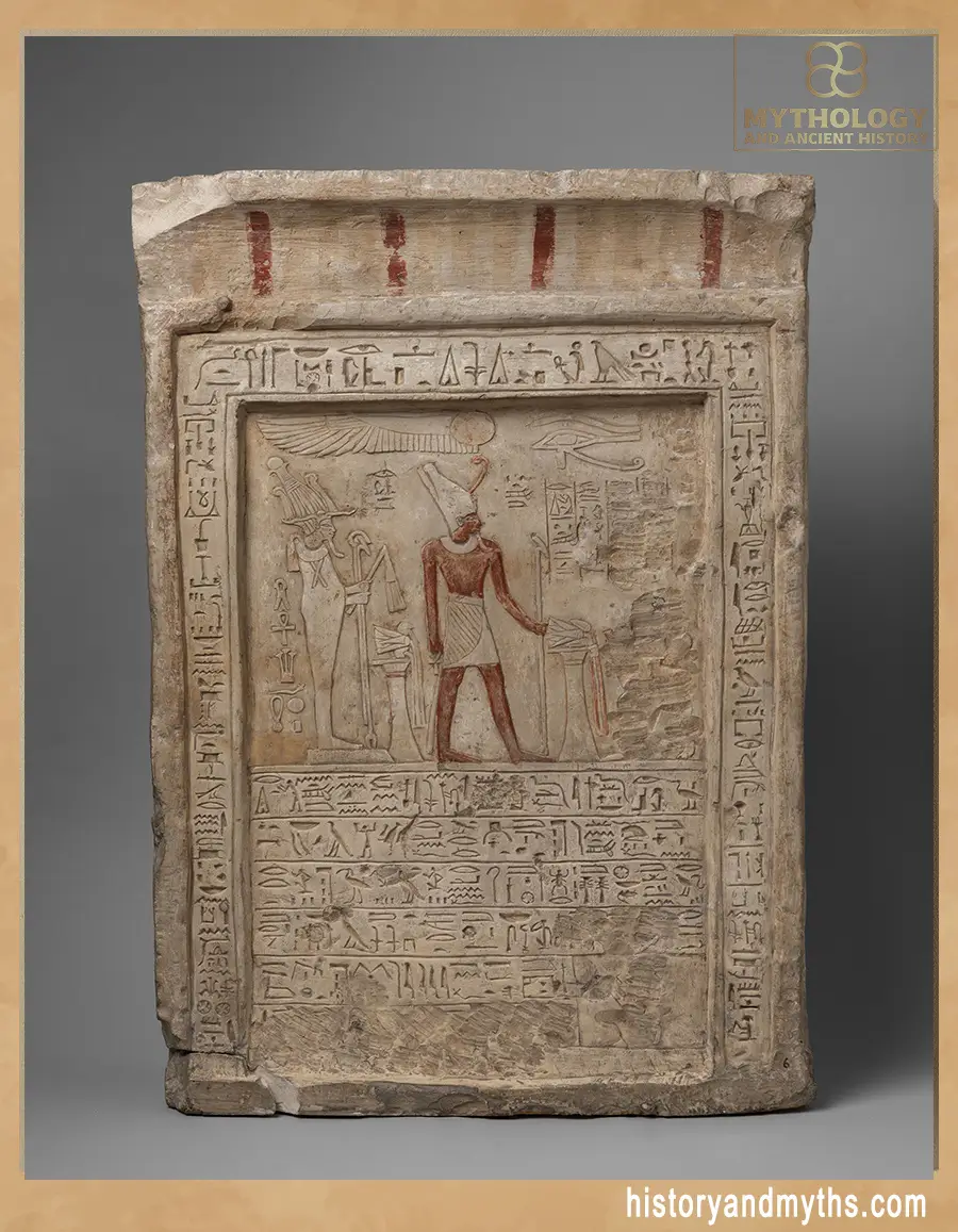 Limestone stela of Atum and Osiris receiving offerings from the official Amenhotep, Museo Egizio Turin