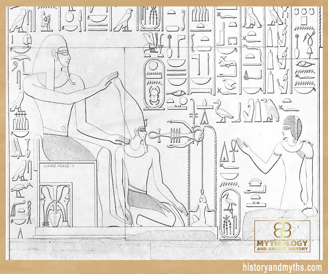 Dedun (left) crowning Thutmose III (kneeling)