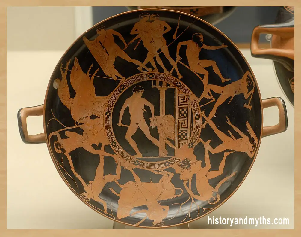 The deeds of Theseus depicted on an Attic red-figure kylix by the Kodros Painter, c. 440–430 BCE