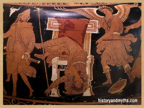 Ancient Greek vase painting showing Thyestes killing Atreus while a winged Erinys symbolizes divine vengeance and the curse of the House of Atreus.