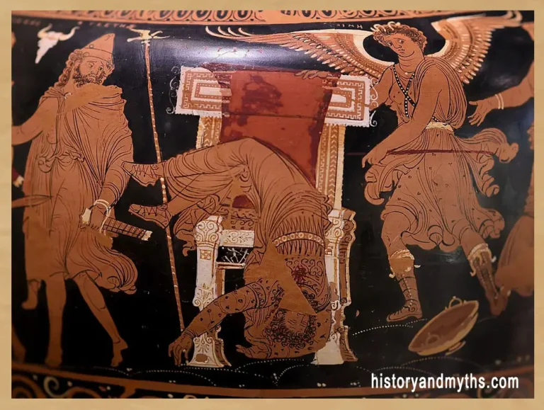 Ancient Greek vase painting showing Thyestes killing Atreus while a winged Erinys symbolizes divine vengeance and the curse of the House of Atreus.