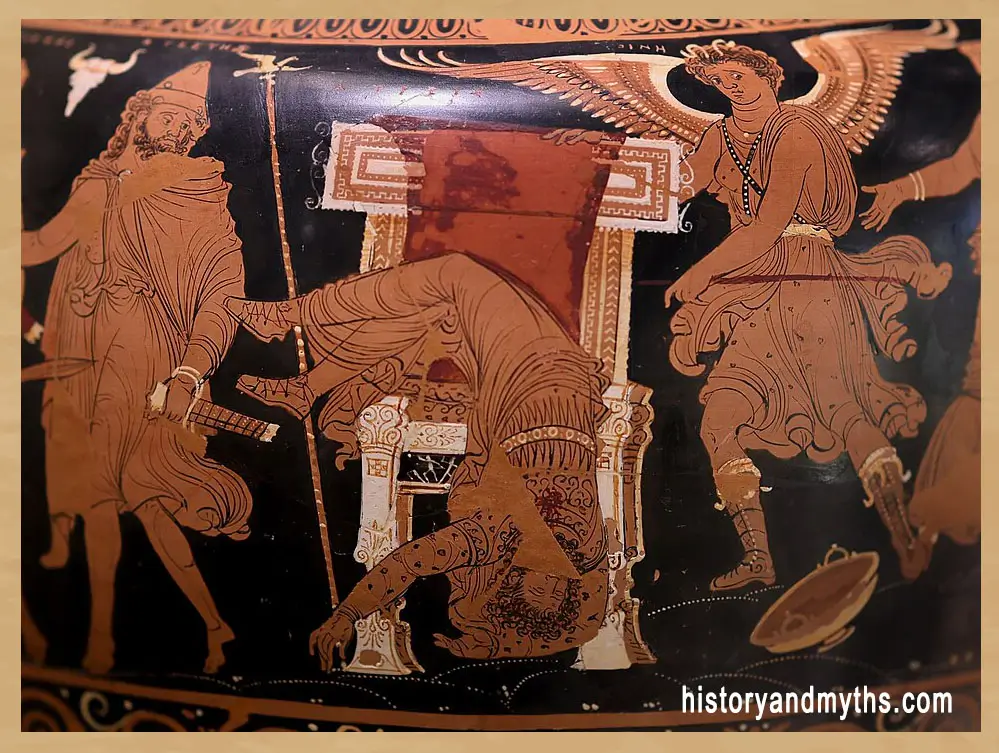 Ancient Greek vase painting showing Thyestes killing Atreus while a winged Erinys symbolizes divine vengeance and the curse of the House of Atreus.