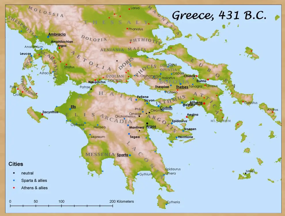 Map of Greek alliances at the beginning of the Peloponnesian War