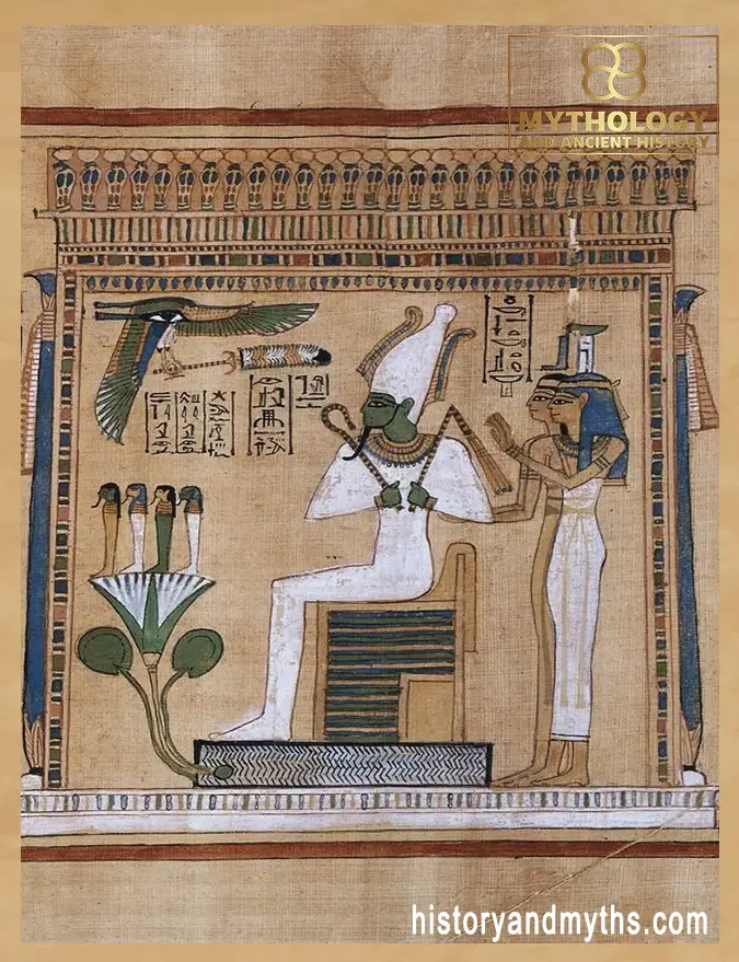 Osiris enthroned under a canopy with Isis and Nephthys