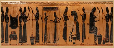 Women weaving and preparing wool, Attic lekythos (modified)