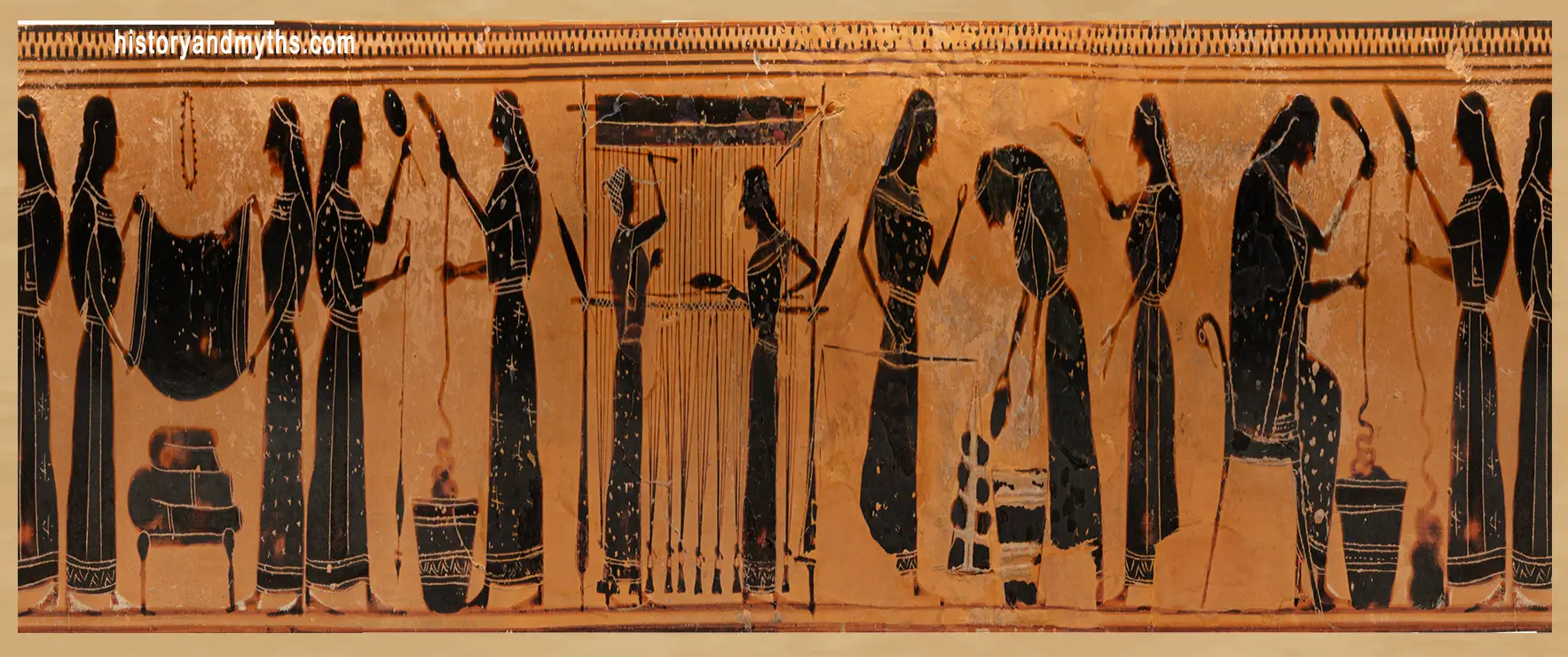 Women weaving and preparing wool, Attic lekythos (modified)