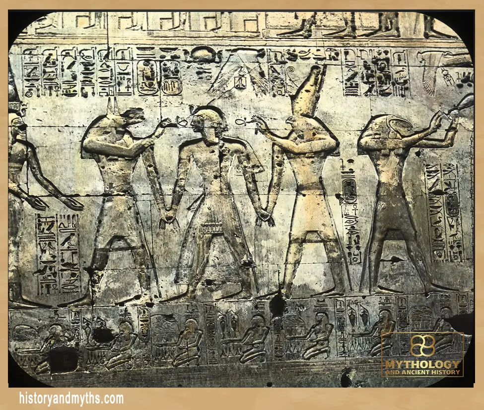 Relief from the Memnonium of Seti I at Abydos, showing a jackal-headed god ( Wepwawet)
