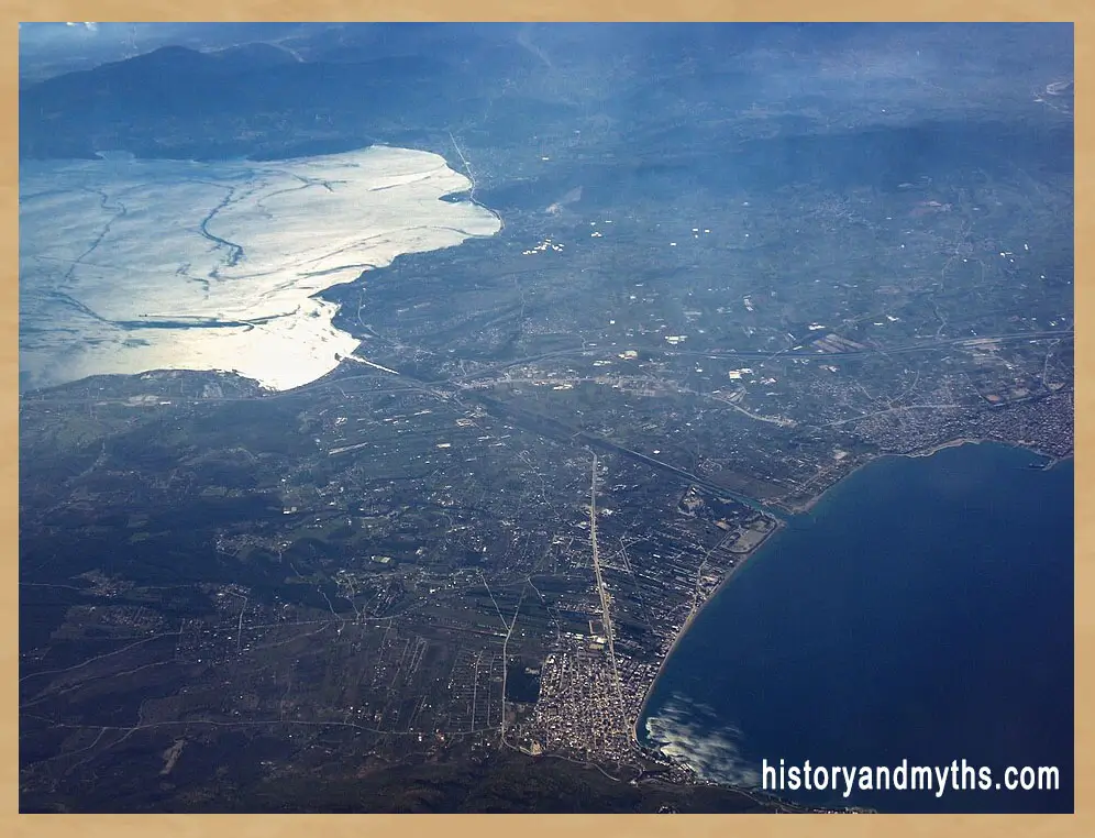 Aerial view of the Corinth Canal crossing the Isthmus of Corinth in Greece